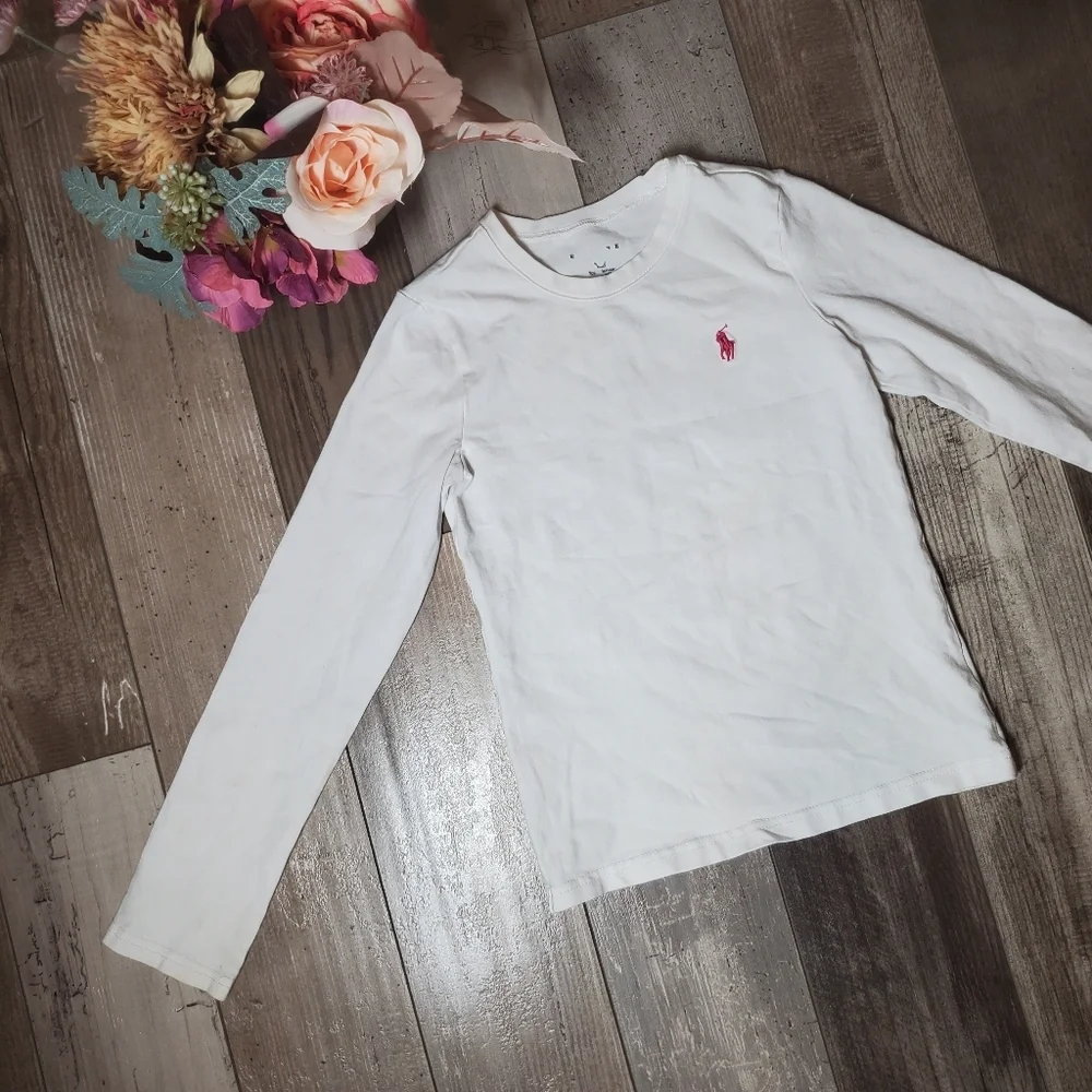 Polo Ralph Lauren Girls White with Embroidered Pink Horse Chest Logo Size 5